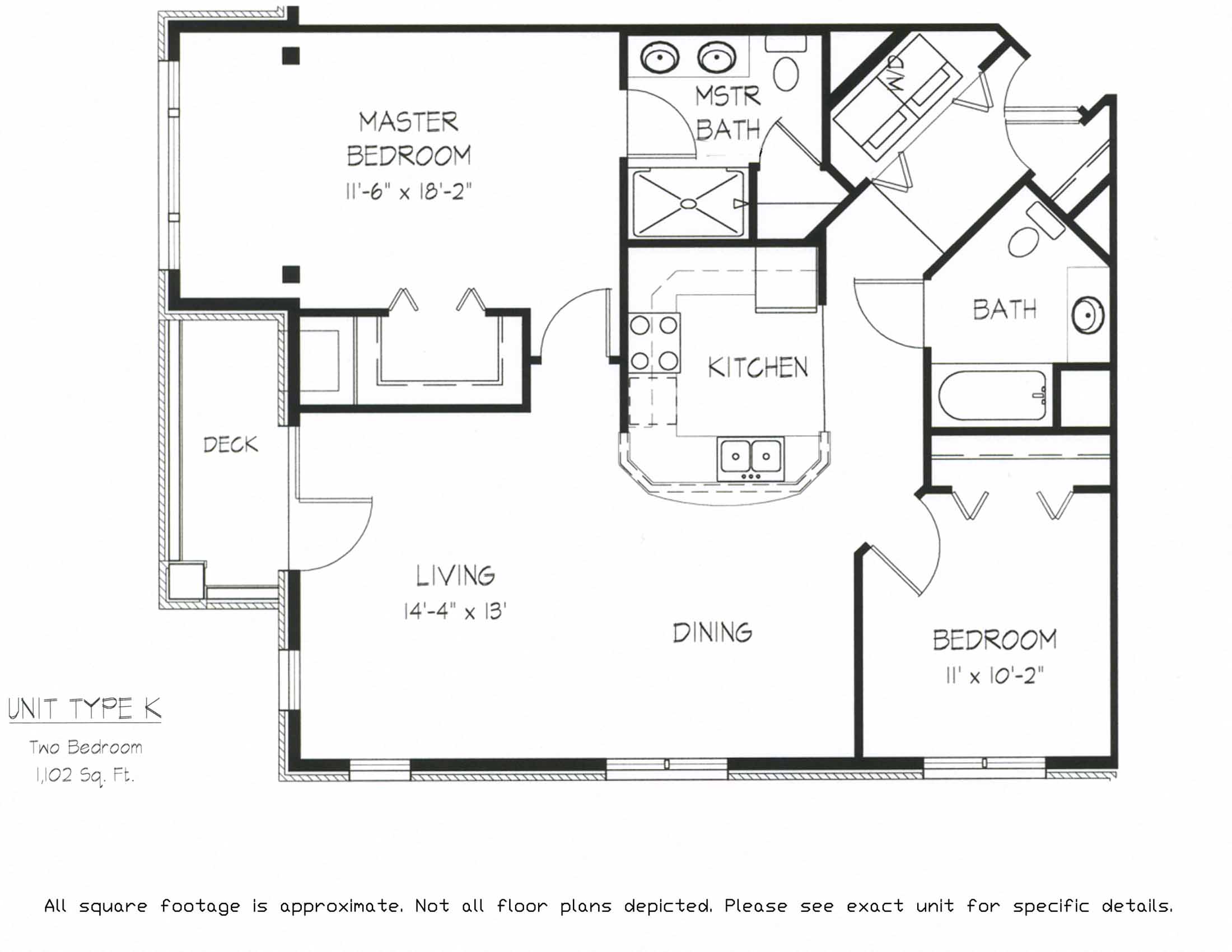 Floor plan for 2 beds, 2 baths, 1102 sqft